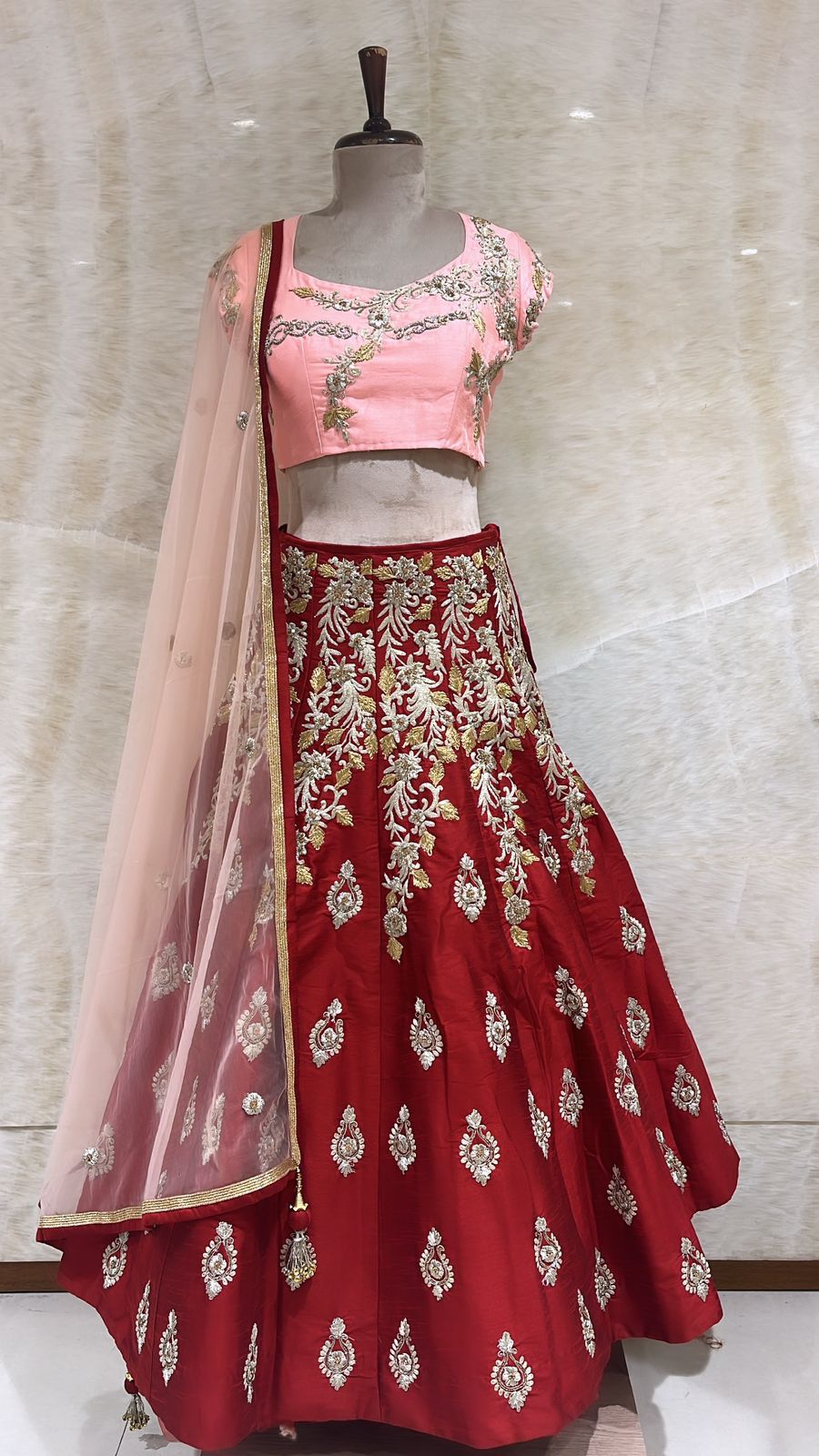 Exquisite Charm: Maroon and Carrot Pink Embellished Lehenga Set