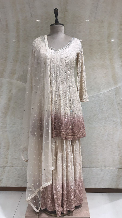 Cream Mirror & Stones Embroidered Anarkali Set For Women