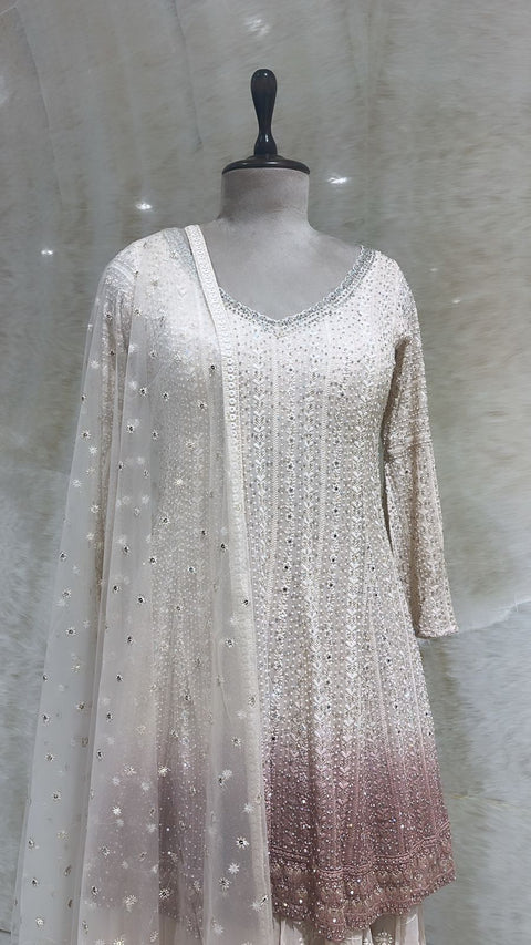 Cream Mirror & Stones Embroidered Anarkali Set For Women