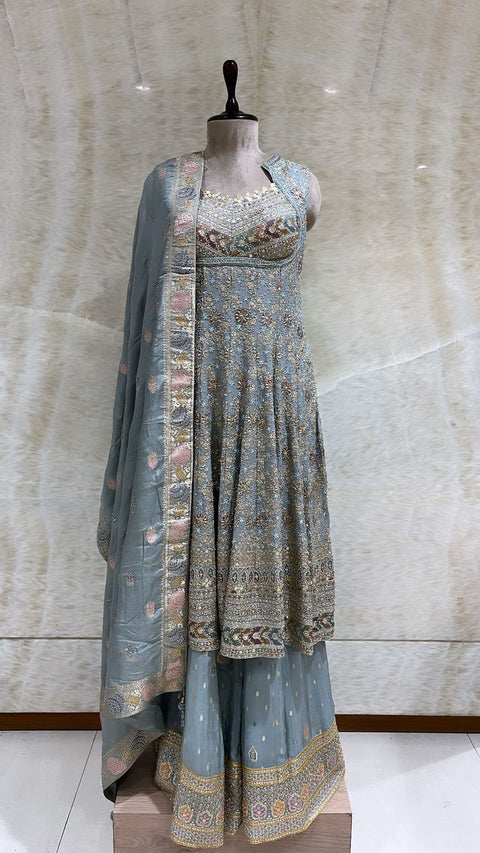 Dusty Blue Sequins & Thread Embroidered Anarkali Set For Women