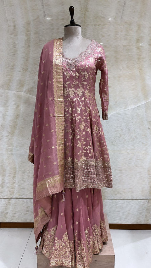 Dusty Pink Sequins & Swaroski Embroidered Anarkali Set For Women