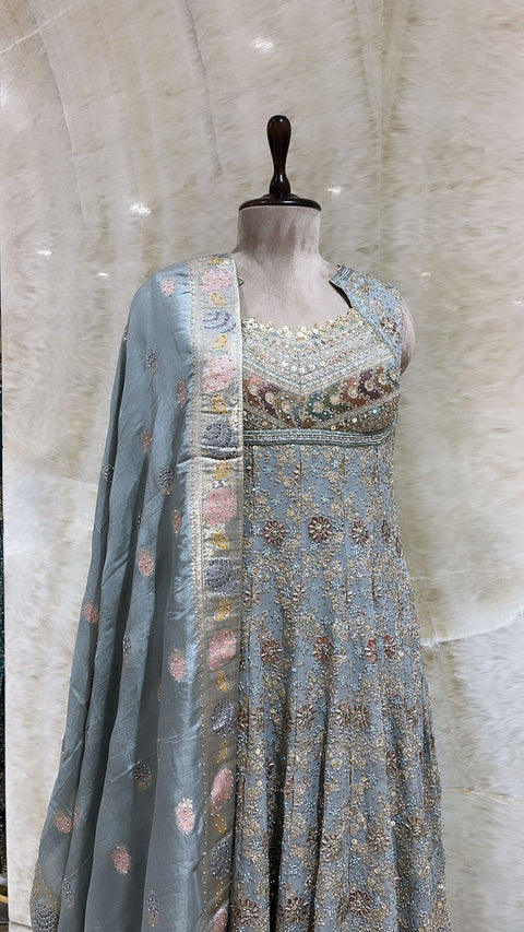 Dusty Blue Sequins & Thread Embroidered Anarkali Set For Women