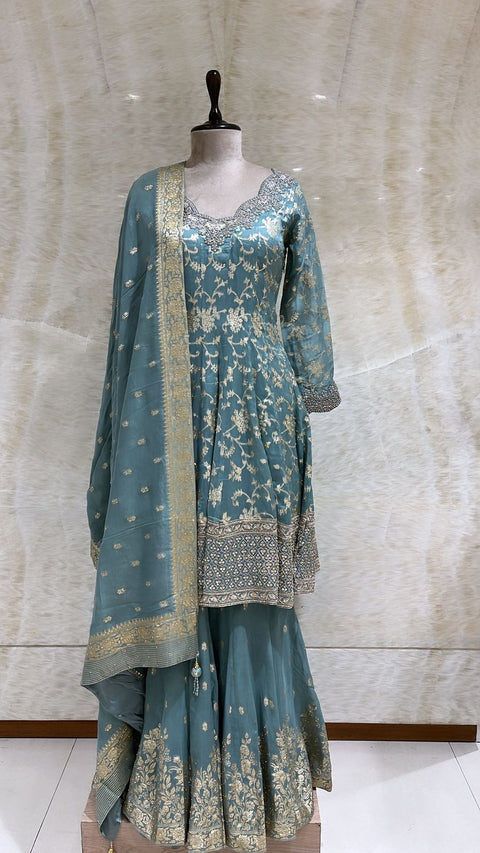 Dusty blue Sequins & Swaroski Embroidered Anarkali Set For Women