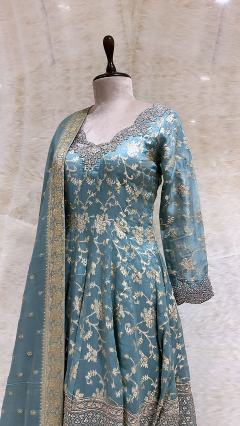 Dusty blue Sequins & Swaroski Embroidered Anarkali Set For Women