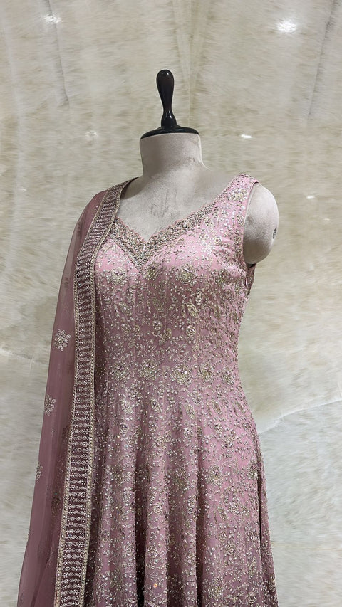 Dusty Pink Sequins & Swaroski Embroidered Anarkali Set For Women