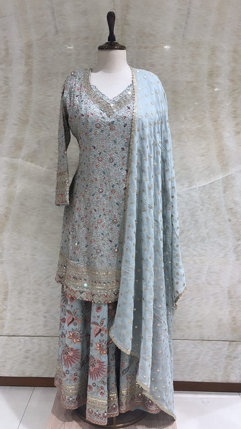 Firozi Sequins & Mirror Embroidered Sharara Set For Women
