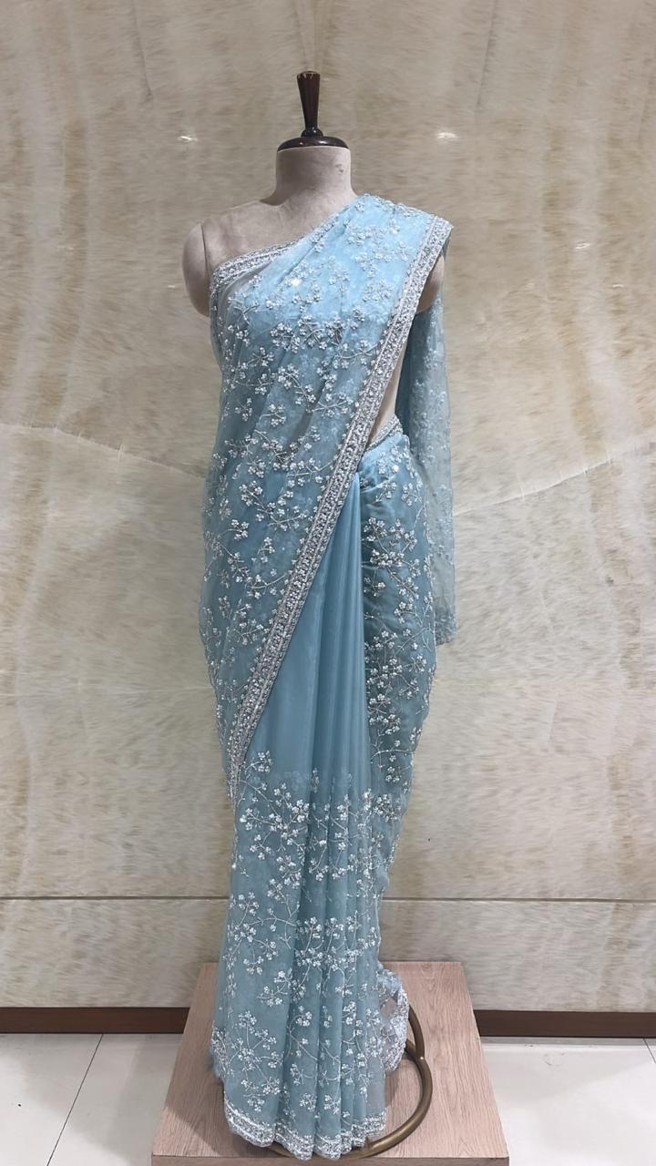Turquoise Georgette Embroidered Saree with Floral Pattern