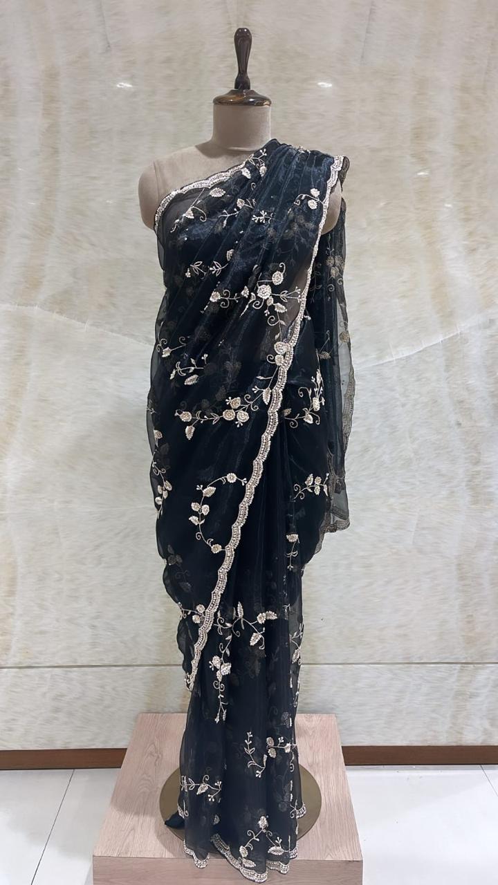 Ethereal Black Organza Saree: Floral Elegance with Sequins and Cut Work Border