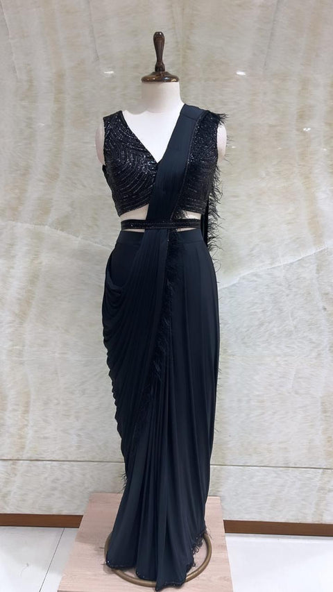 Black Sequins & Pearls Pre Draped Saree In Women
