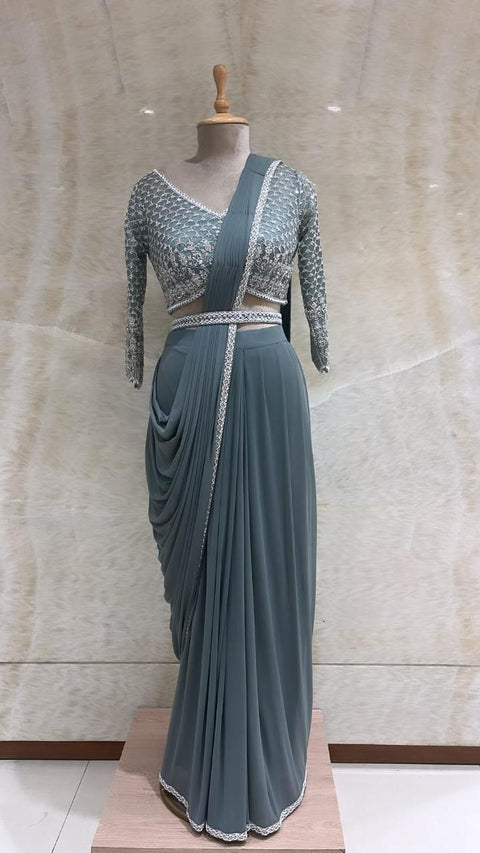 Grey Sequins & Pearls Embroidered Pre Draped Saree For Women