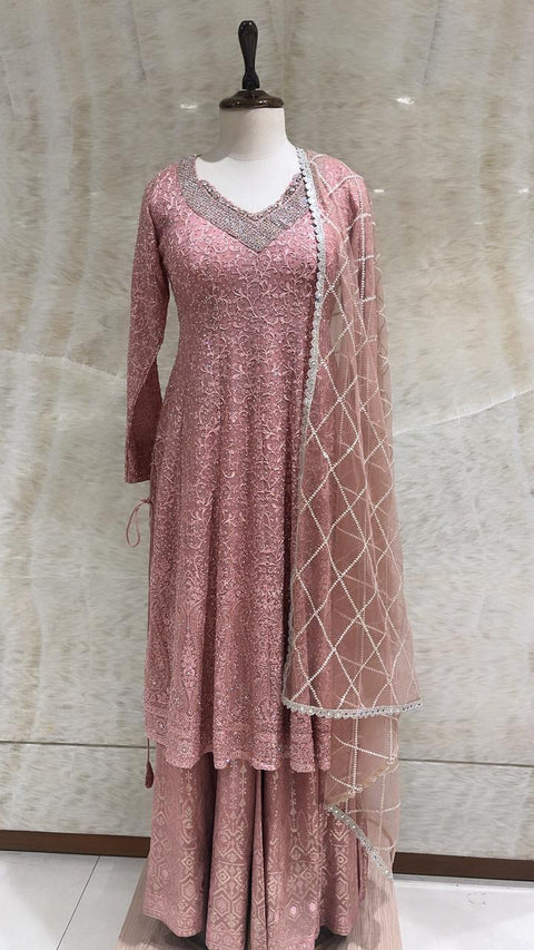 Peach Sequins & Pearls Embroidered Sharara Set For Women