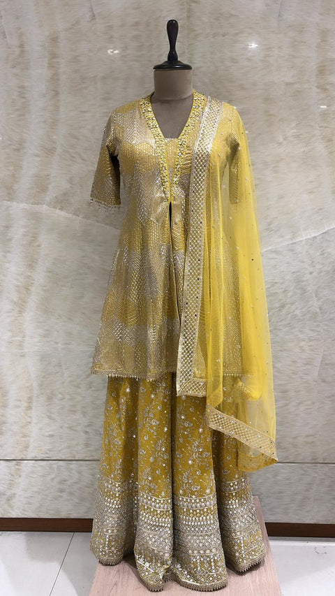 Yellow Sequins & Pearls Embroidered Sharara Set For Women