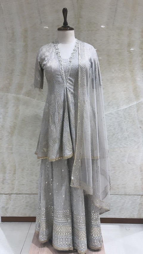 Grey Sequins & Pearls Embroidered Sharara Set For Women