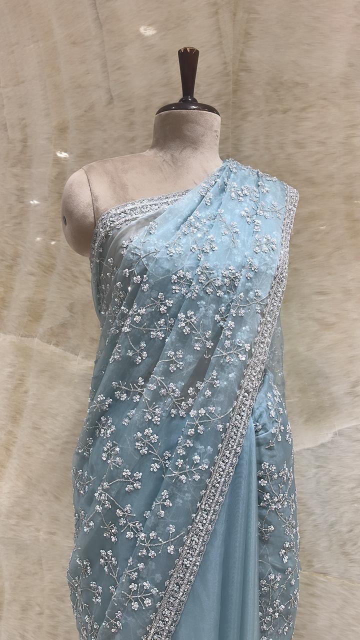 Turquoise Georgette Embroidered Saree with Floral Pattern