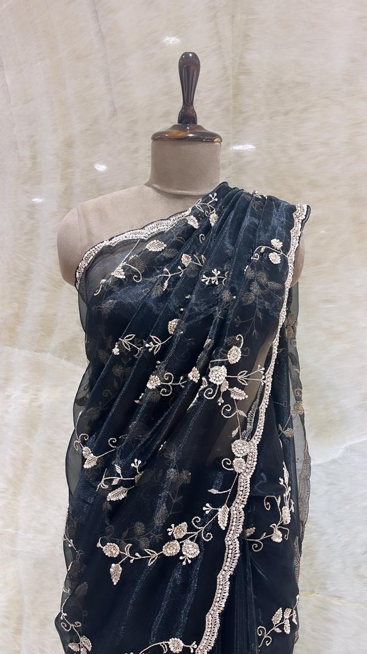 Ethereal Black Organza Saree: Floral Elegance with Sequins and Cut Work Border