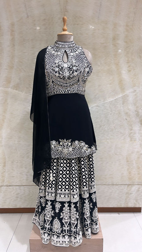 Black Sequins & Mirror Embroidered Sharara Set For Women