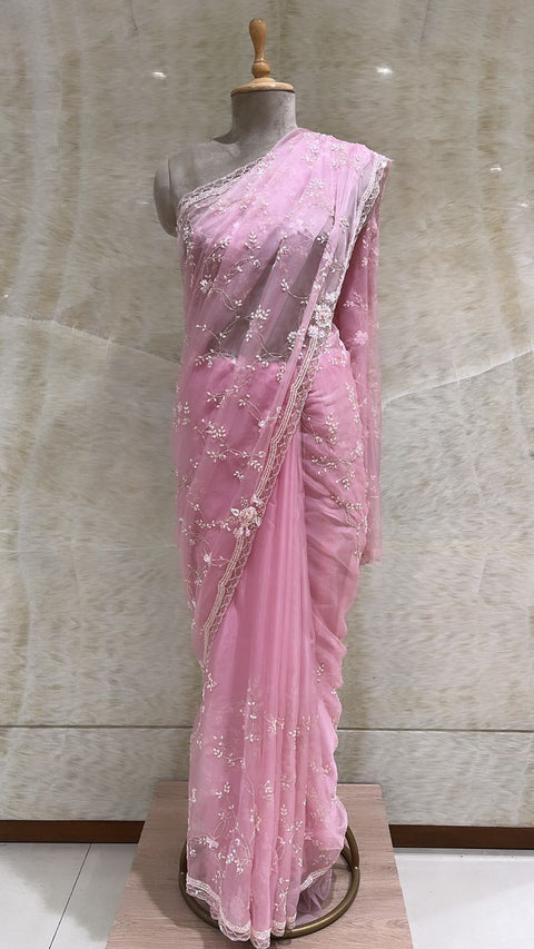 Charming Light Rose Pink Embroidered Saree with Scalloped Border and Cut Dana Circles