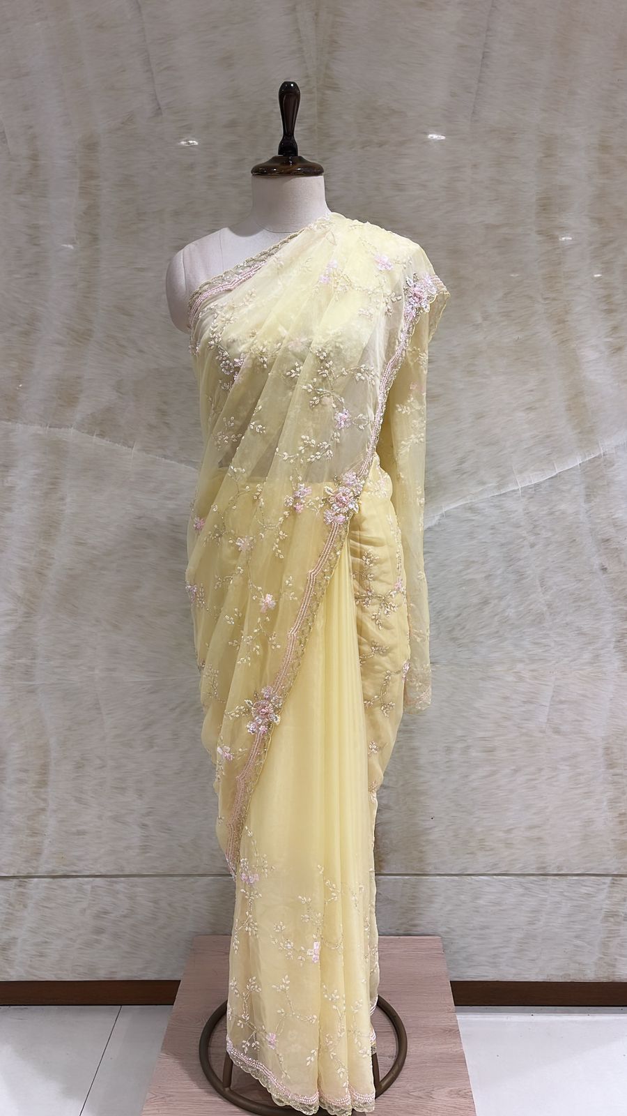 Lemon Yellow Organza Saree: Classic Elegance with Contemporary Embroidery