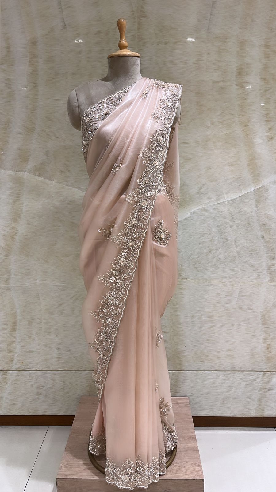 Timeless Blush Pink Organza Saree with Floral Embroidery and Old-World Charm