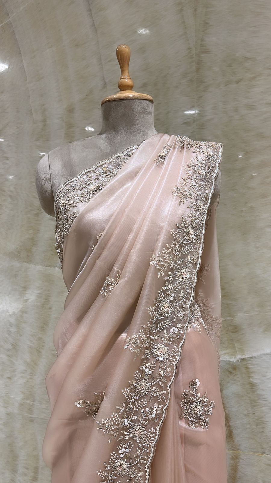 Timeless Blush Pink Organza Saree with Floral Embroidery and Old-World Charm