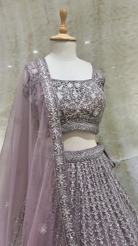 Lilac Sequins And Beads Work Net Readymade Lehenga