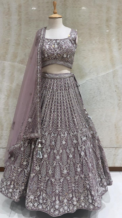 Lilac Sequins And Beads Work Net Readymade Lehenga