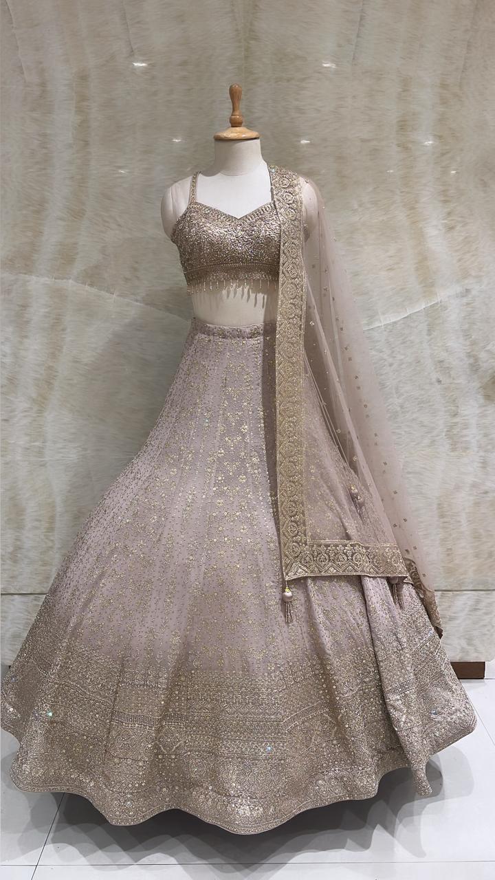 Subtle Sparkle: Dusty Peach Sequins Work Net Readymade Lehenga