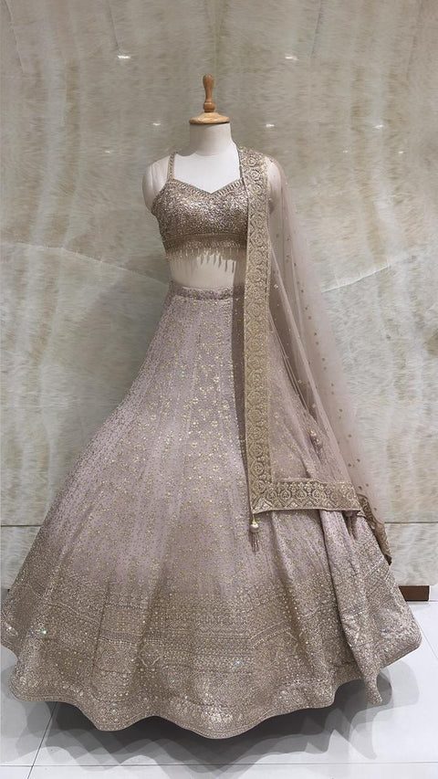 Dusty Peach Sequins Work Net Readymade Lehenga