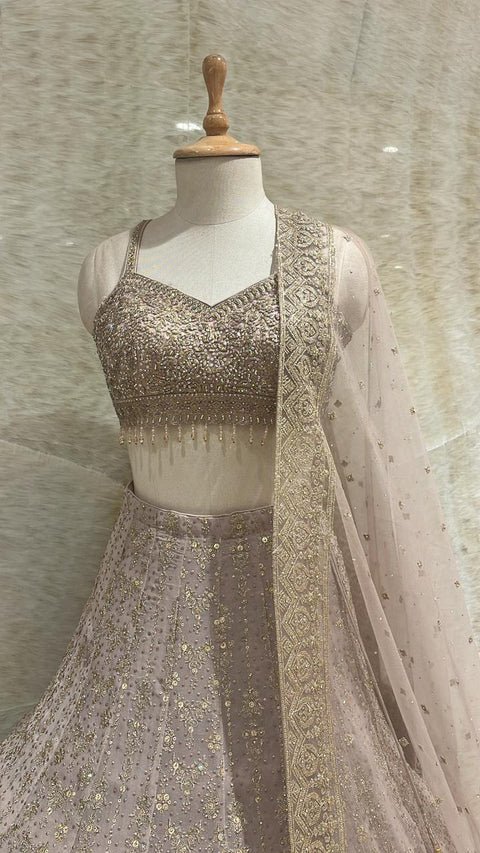 Dusty Peach Sequins Work Net Readymade Lehenga