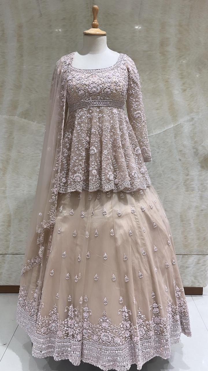 Glimmering Peach: Sequins and Cut Dana Net Readymade Lehenga