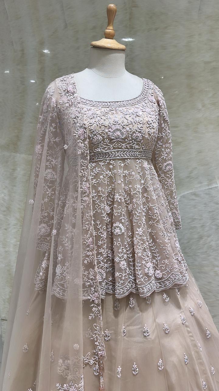 Glimmering Peach: Sequins and Cut Dana Net Readymade Lehenga