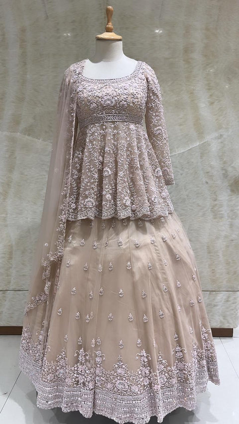 Peach Sequins And Cut Dana Work Net Readymade Lehenga