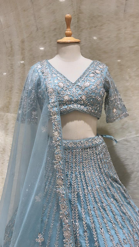 Blue Sequins And Cut Dana Work Net Readymade Lehenga