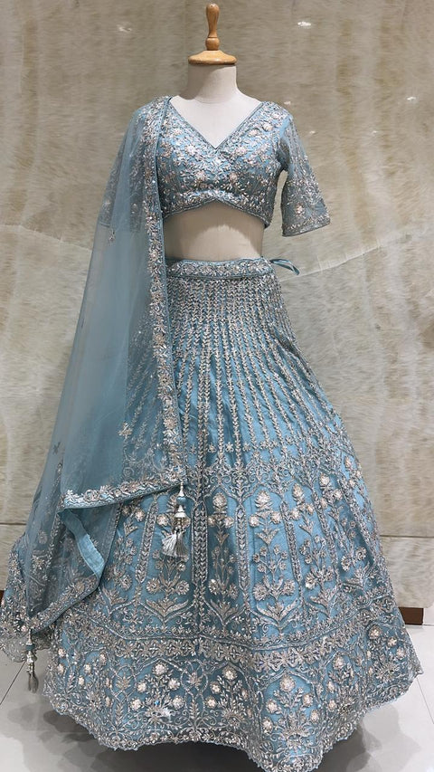 Blue Sequins And Cut Dana Work Net Readymade Lehenga