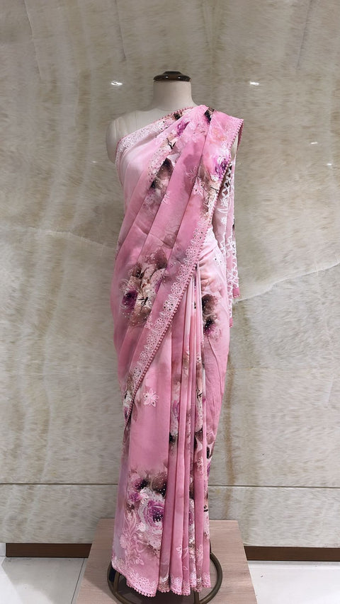 Elegant Pink Georgette Saree with Stone & Mirror Embroidery