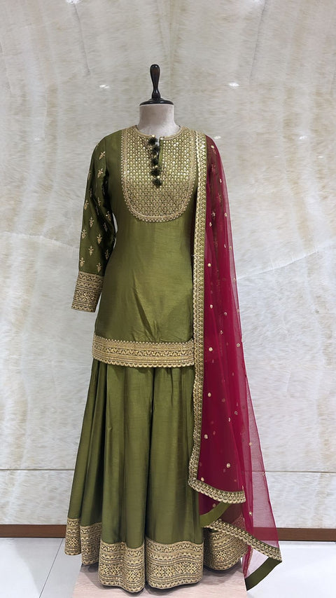 Mehndi Green Sparkle: Sequins & Tilla Embroidered Sharara Set For Women