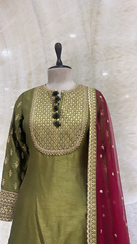 Mehndi Green Sparkle: Sequins & Tilla Embroidered Sharara Set For Women