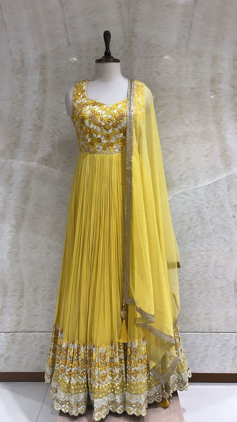 Yellow Embroidered Anarkali Set For Women
