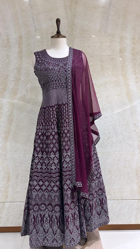 Dark Purple Sequins & Tilla Embroidered Anarkali Set For Women