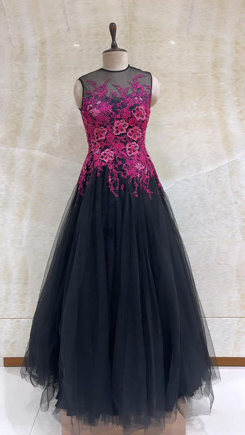 Black Pink Indo-Western Gown Embellished With Stones And Sequins Work