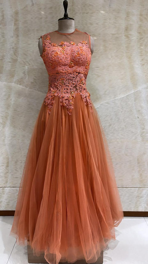 Orange Indo-Western Gown Embellished With Stones And Sequins Work
