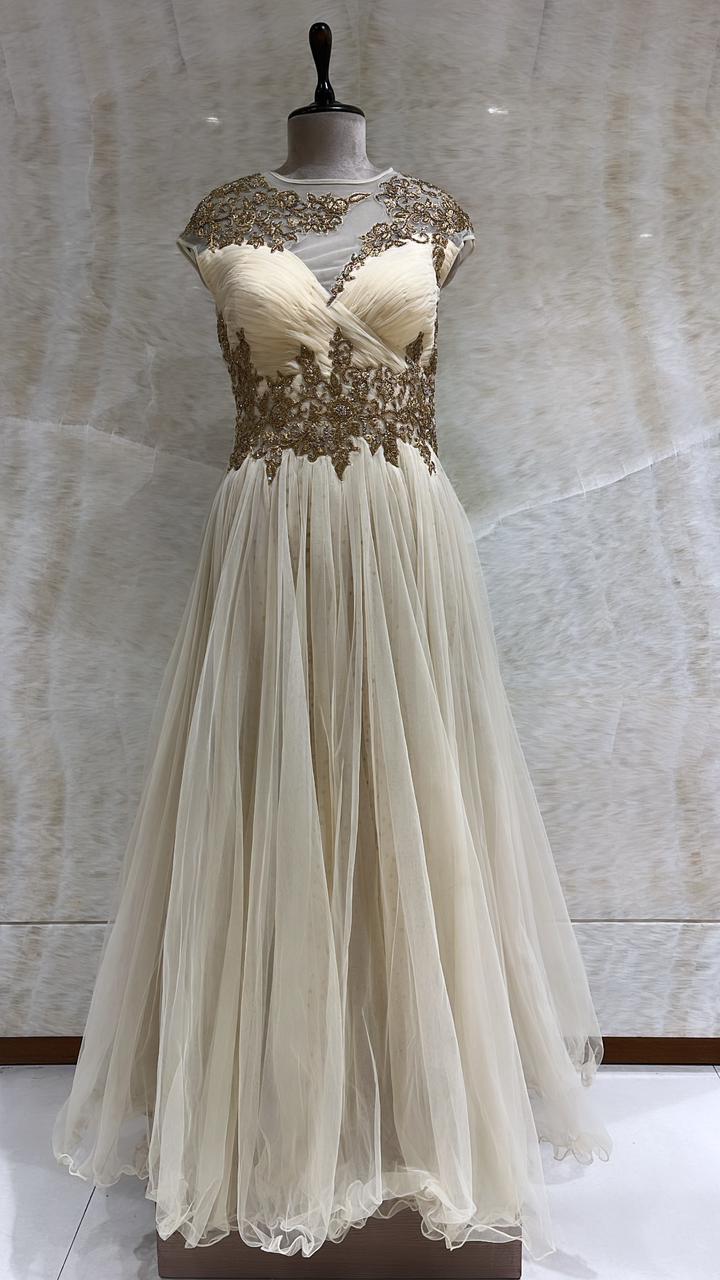 Gold Indo-Western Gown Embellished With Stones And Sequins Work