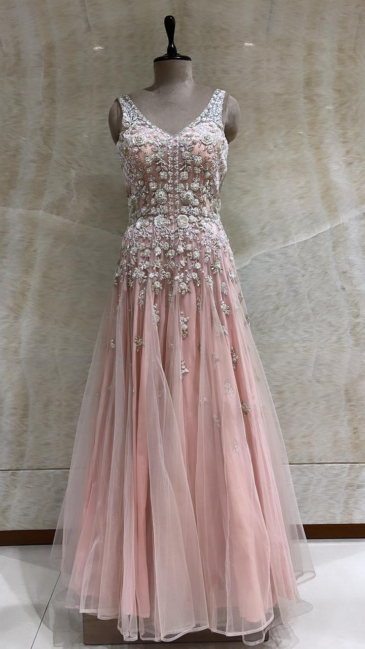 Baby Pink Indo-Western Gown Embellished With Stones And Sequins Work