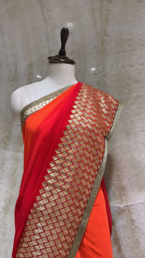 Orange and Red Double-Shaded Georgette Saree with Cut Dana Work and Banarasi Border