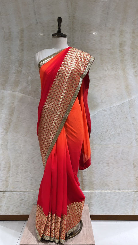 Orange and Red Double-Shaded Georgette Saree with Cut Dana Work and Banarasi Border