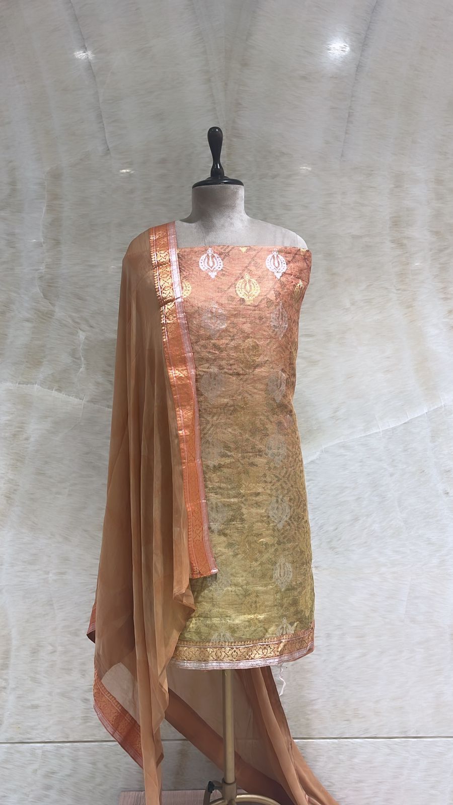 Handwoven Golden & Peach Chanderi Cotton Suit Piece