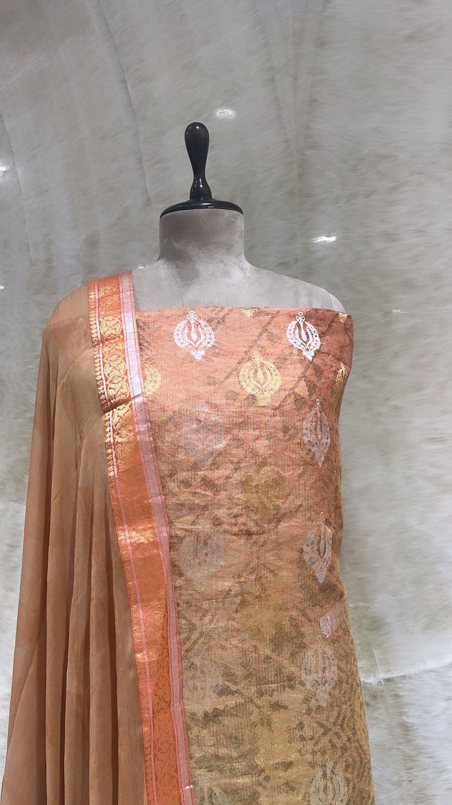 Handwoven Golden & Peach Chanderi Cotton Suit Piece