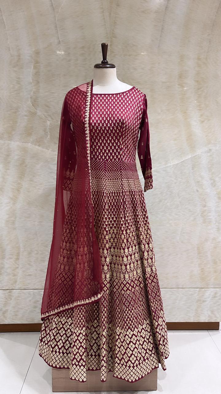 Maroon Sequins & Threads Work Embroidered Suit For Women