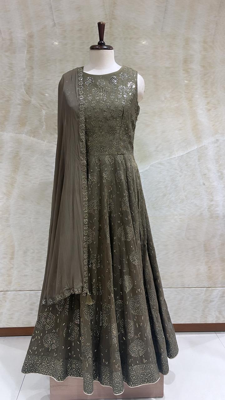 Dark Grey Sequins & Threadwork Embroidered Set For Women