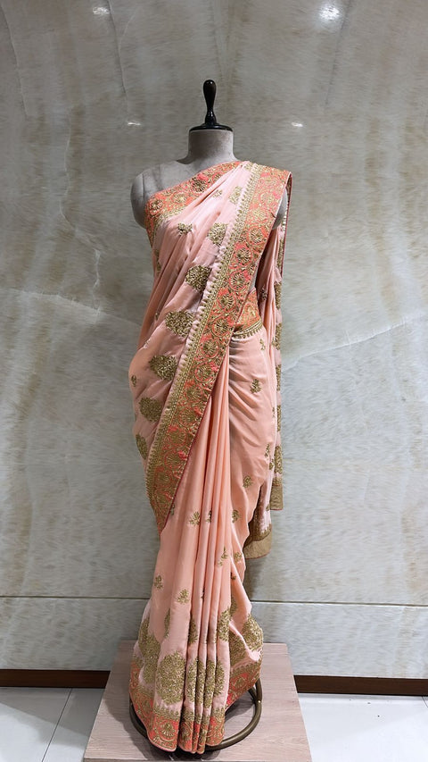 Baby Pink Tilla Embroidered Saree for Women